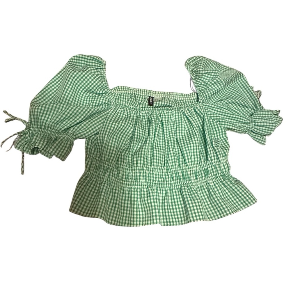 Green Gingham Cropped Puff Sleeve Top